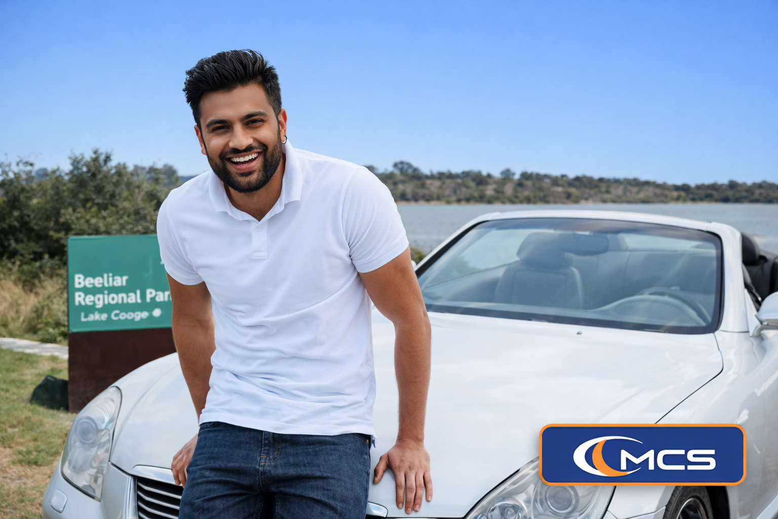 Driver with car at Beeliar Regional Park promoting cheap monthly car rental in Beeliar 6164 by MCSyo