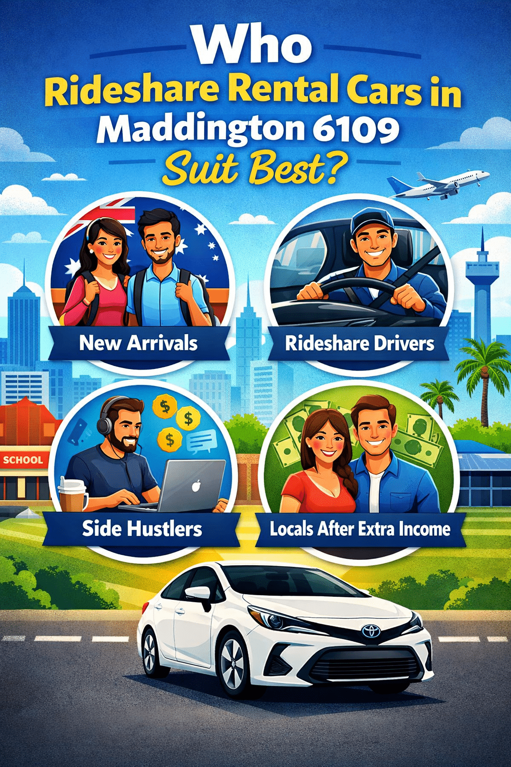 Colourful graphic showing who rideshare rental cars in Maddington 6109 suit best, featuring new arrivals, rideshare drivers, side hustlers and locals seeking extra income, with a white Toyota hybrid on a suburban road backdrop.