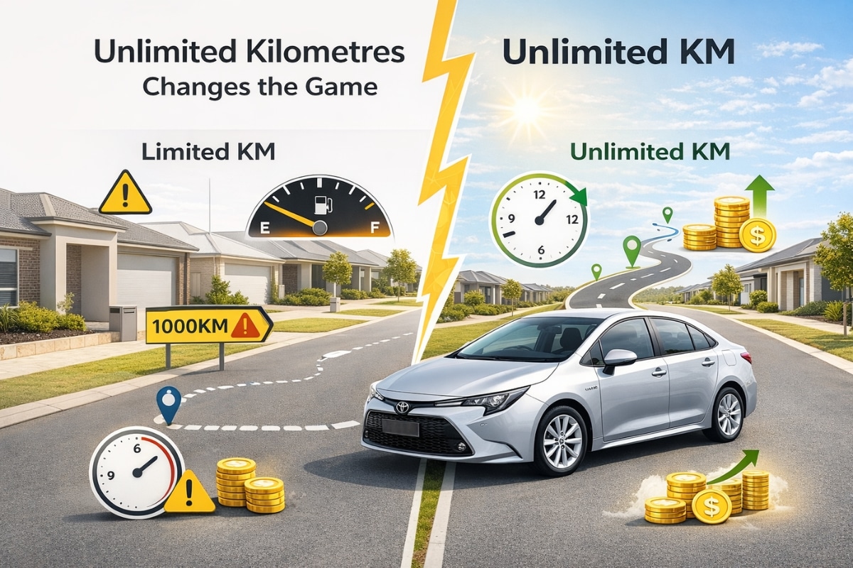 Silver Toyota hybrid sedan on a suburban street with split visual showing restricted driving distance on one side and extended routes, longer hours, and higher earnings on the other, illustrating unlimited kilometres advantage