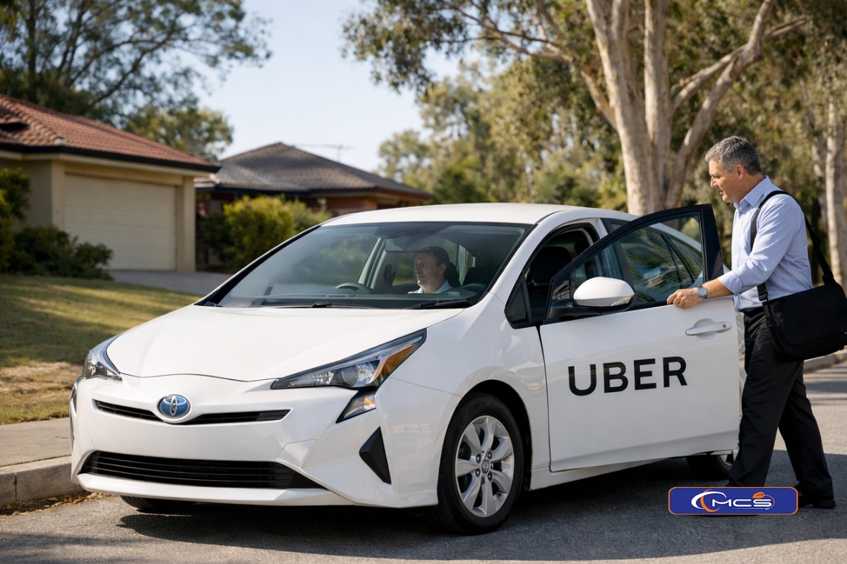Toyota Prius hybrid Uber rideshare car in with passenger entering the vehicle while driver sits inside, ready for rental with MCSyo
