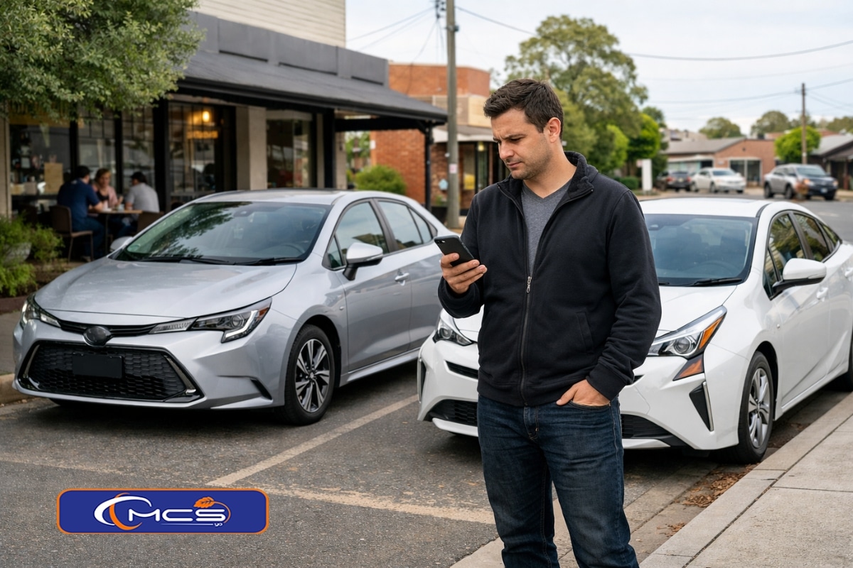 Rideshare driver checking phone beside Toyota Corolla Hybrid and Prius in Bayswater street setting