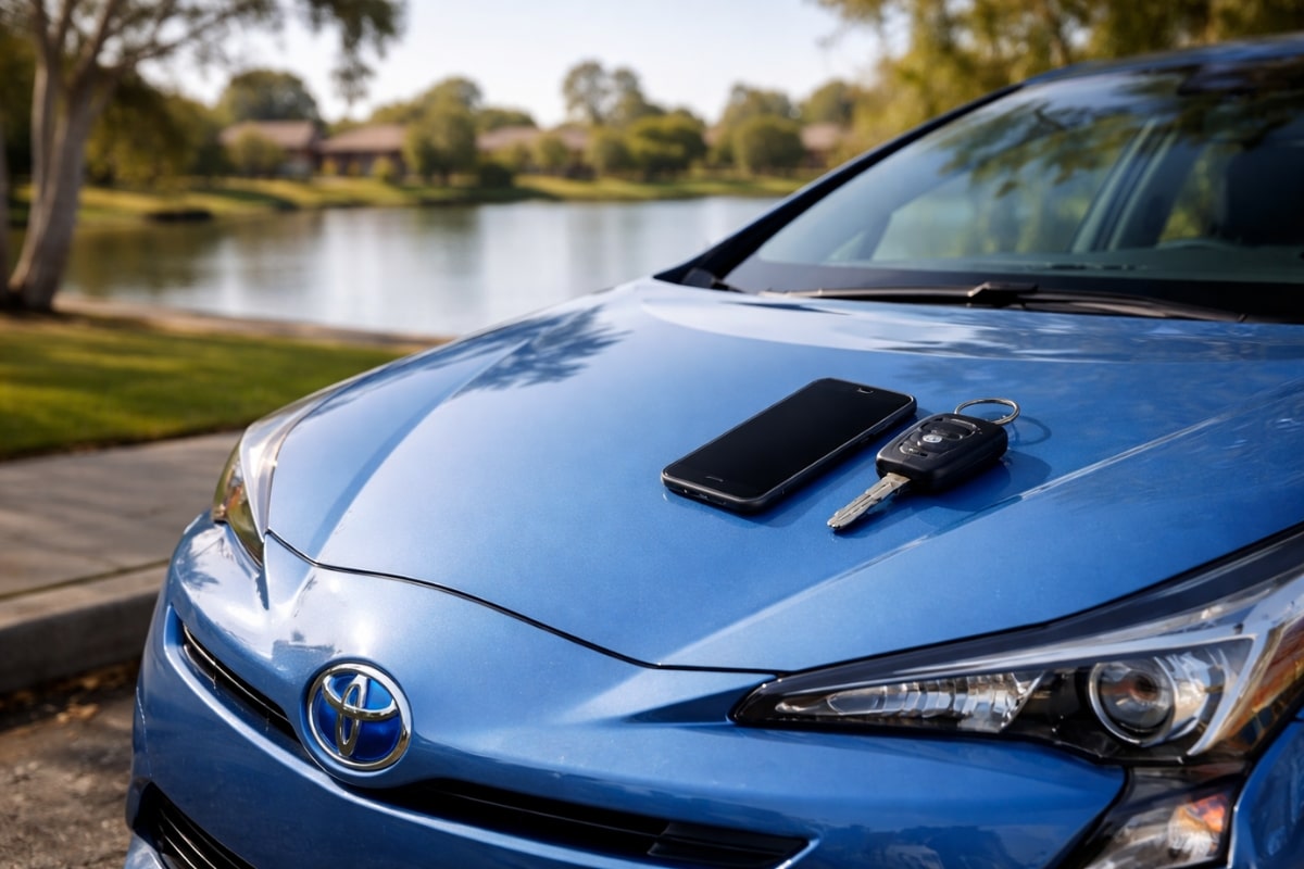 Uber rideshare car rental in with Toyota Prius hybrid, car keys and phone on bonnet ready for Uber driver with MCSyo