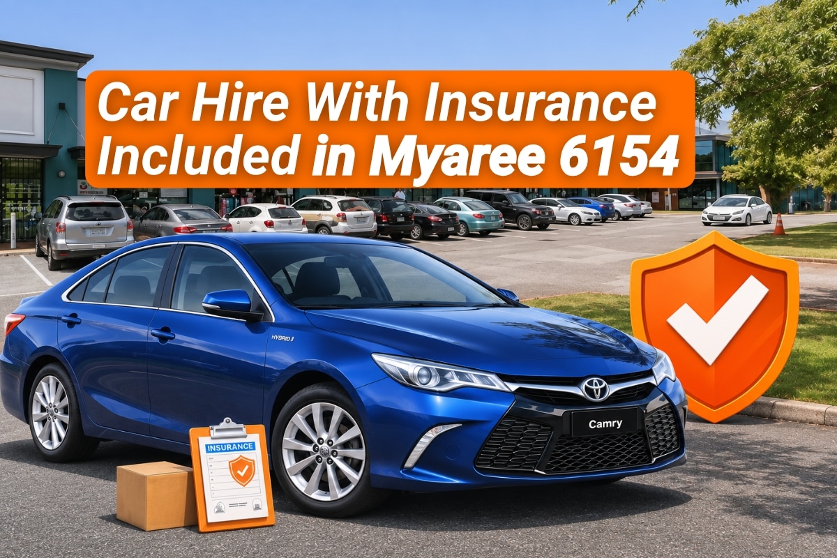 Car hire with insurance included in Myaree 6154, featuring a blue Toyota Camry and insurance shield outside a local shopping centre.