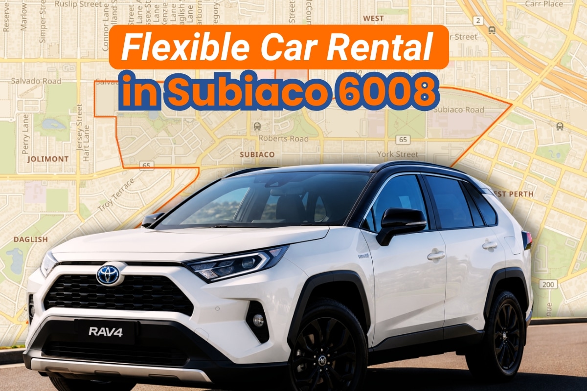 Flexible car rental in Subiaco hero image - RAV4 on with the Subiaco map in the background