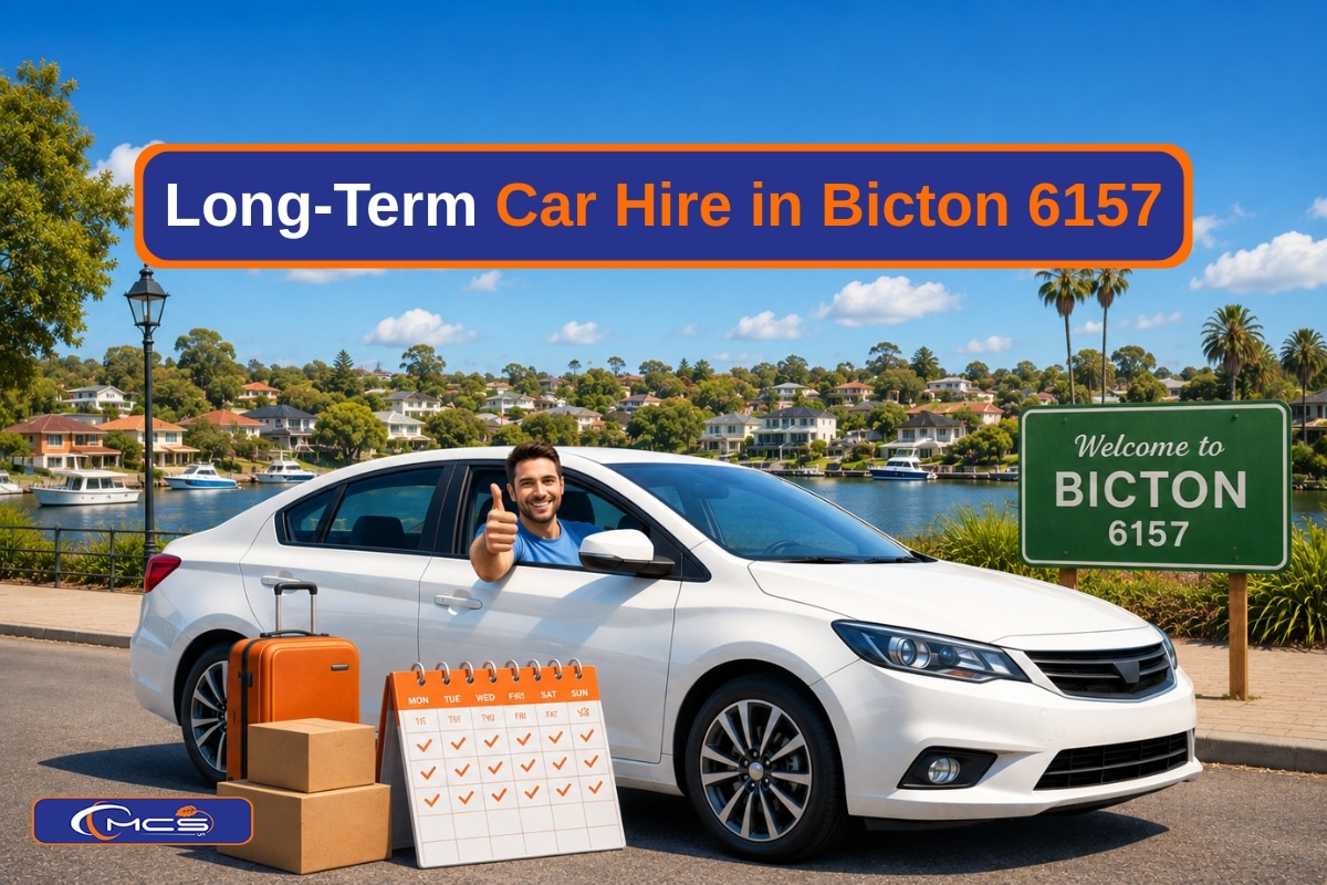 Long Term Car Hire in Bicton 6157 hero image featuring a white rental car with a smiling driver, luggage, moving boxes, and a Bicton welcome sign beside the Swan River under a bright blue sky.