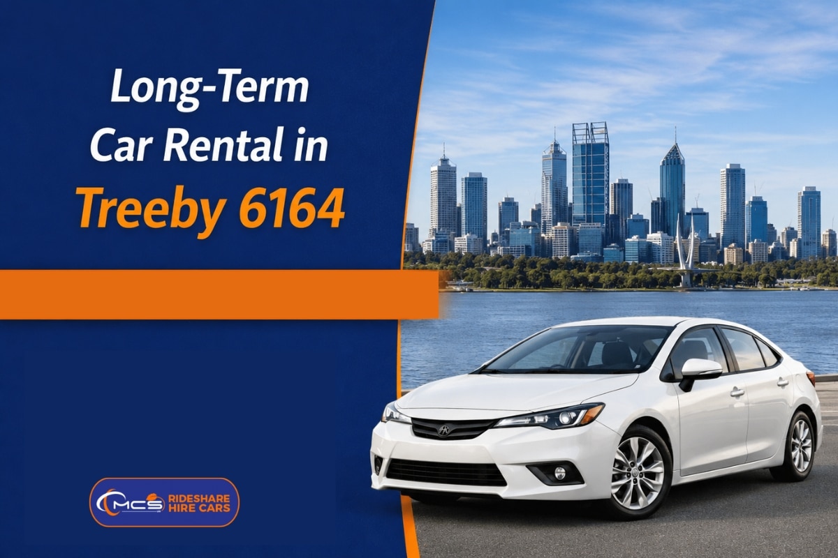 lease Long-term car rental in Treeby 6164 with a white Toyota hybrid and Perth skyline in the background.