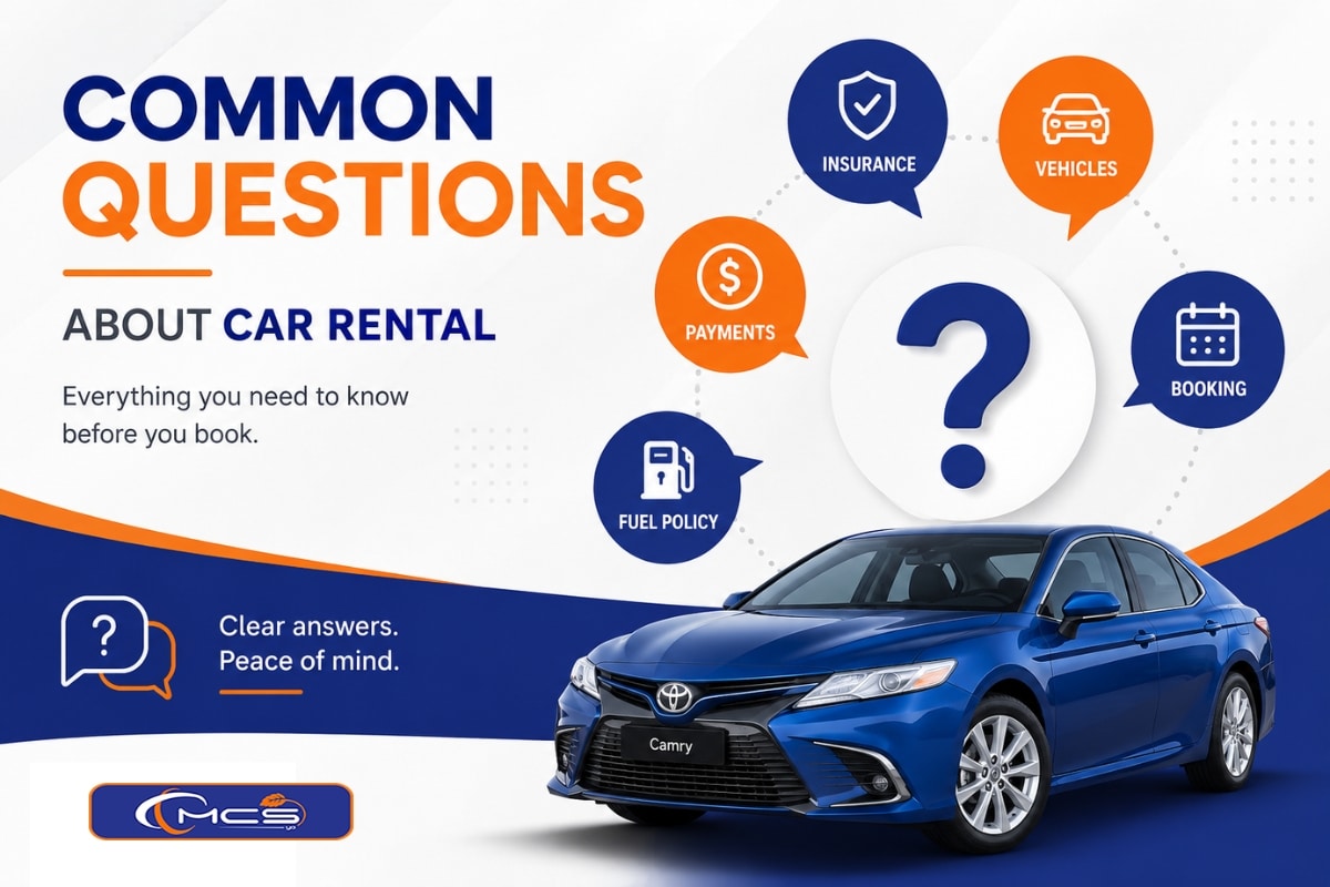 Common questions about car rental, including insurance, vehicles, payments, booking and fuel policy, with a blue Toyota Camry.