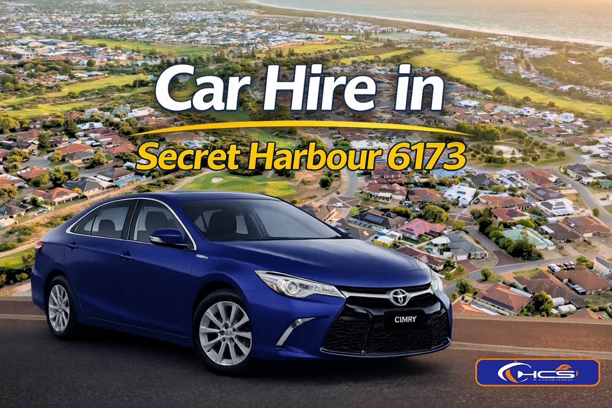Monthly car hire in Secret Harbour 6173 with a blue Toyota Camry Hybrid and MCSyo logo.