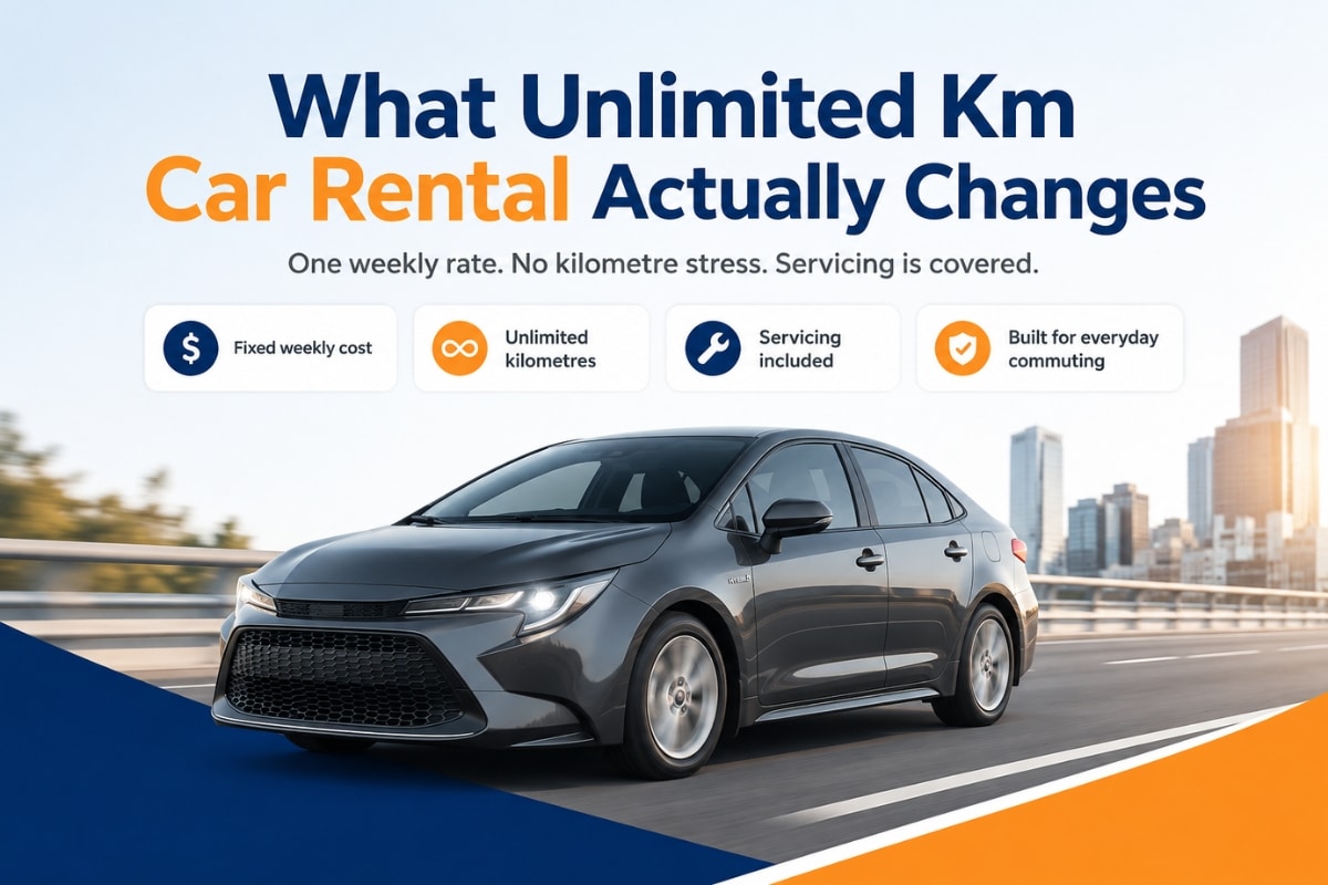 What unlimited km car rental actually changes, with a Toyota hybrid and benefits including fixed weekly cost, unlimited kilometres and servicing included