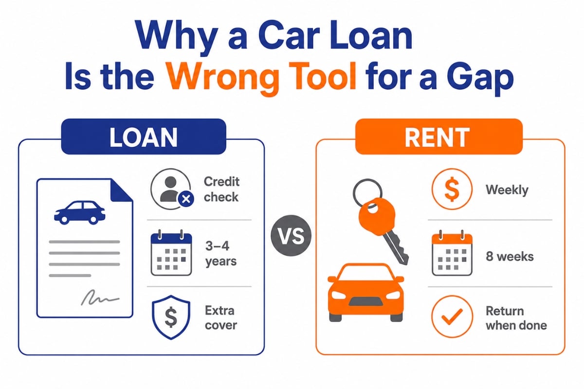Car loan versus long-term car hire comparison showing a credit check and multi-year commitment against an eight-week rental.